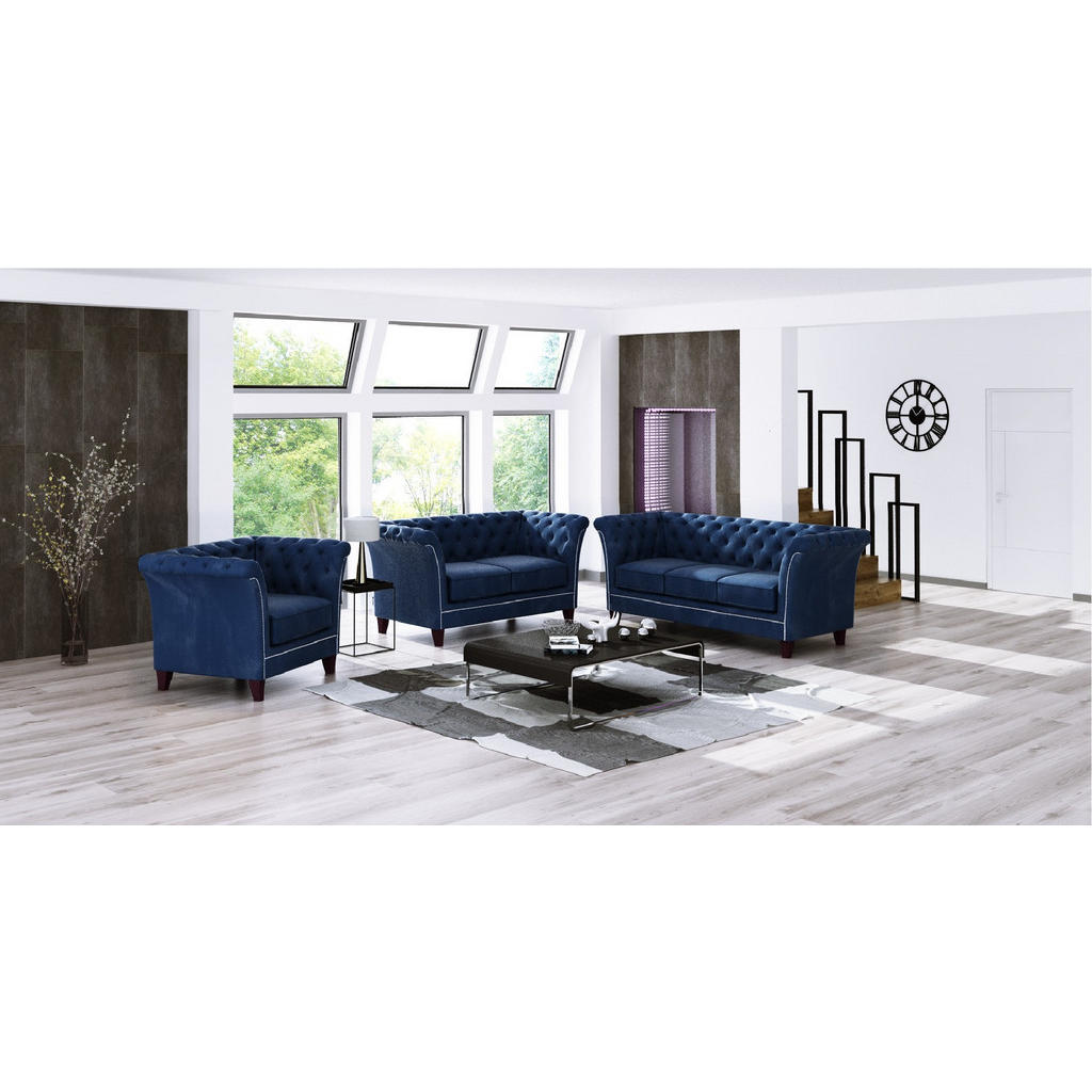 Thumbnail - S-Style Möbel Chesterfield-Sofa, Blau, Textil, Echtholz,Buche, Birke, 2-Sitzer, Füllung: Polyetherschaumkern, 175x75x82 ...