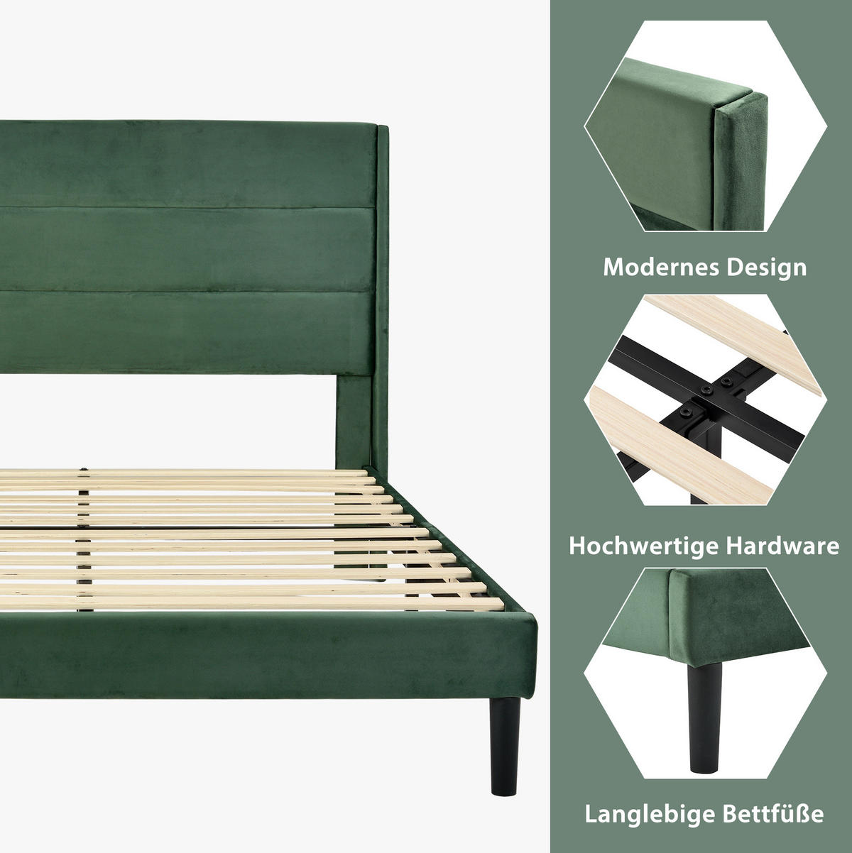 POLSTERBETT 140/200 cm mit Lattenrost, gepolstertem Kopfteil im Paneel-Design, Samt grün - Grün, Textil (140/200cm) - Redom