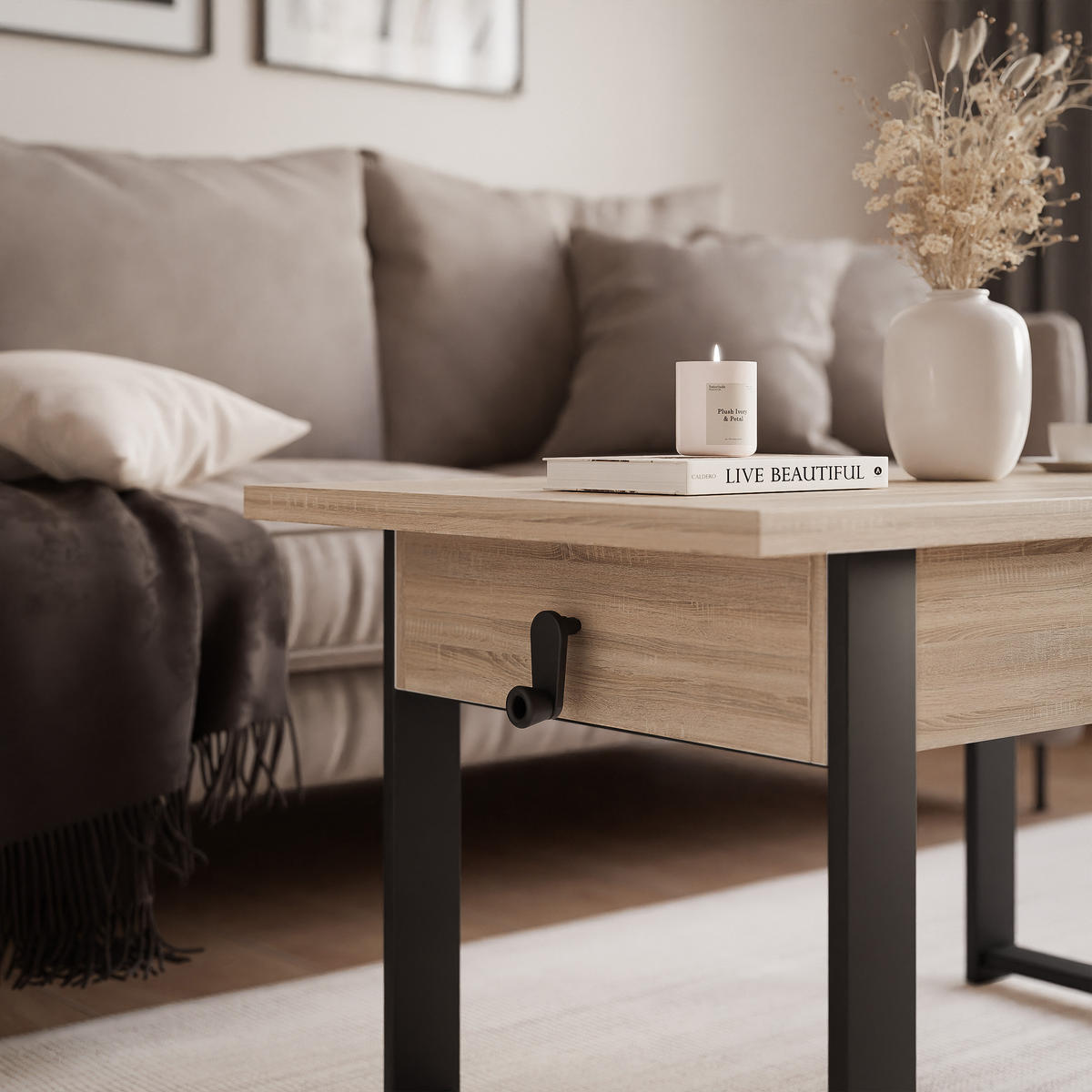 COUCHTISCH TIVOR Multifunktionalität 3-in-1 - Schwarz/Sonoma Eiche, Holzwerkstoff/Metall (67/120/63.5cm) - Idohome