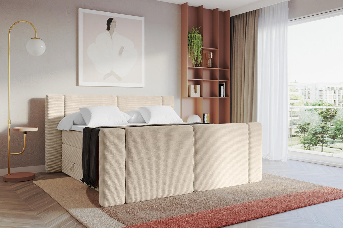 BOXSPRINGBETT mit Matratze H3/H4 - EVON KING Zanozek - 140x200 cm Beige - Ecru, Holzwerkstoff (140/200cm) - ALTDECOR