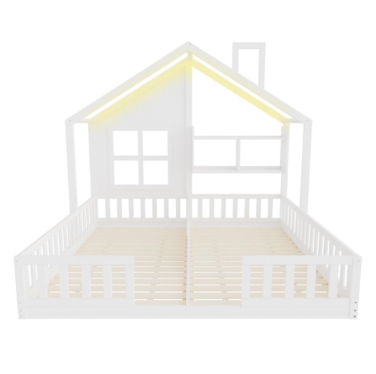 KINDERBETT 90/200 cm aus Holzwerkstoff mit LED-Beleuchtung, Hausdesign, Sicherheitsgitter und Ablagen, Weiß - Weiß, Holzwerkstoff (90/200cm) - Redom