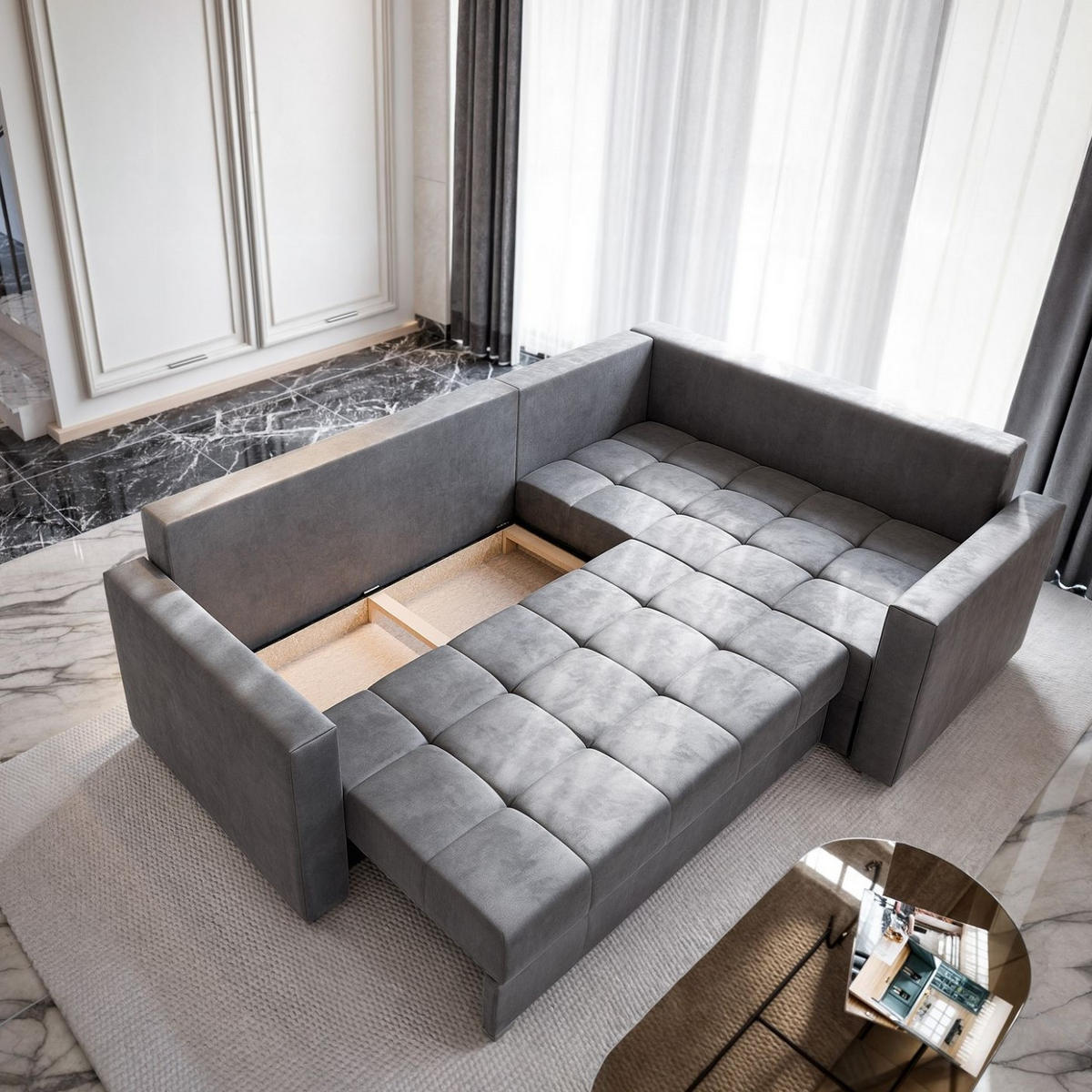 ECKSOFA LIRENO R-S Blau Plüsch-Stoff mit Schlaffunktion - Blau, Holz (220/153cm) - MASSENO