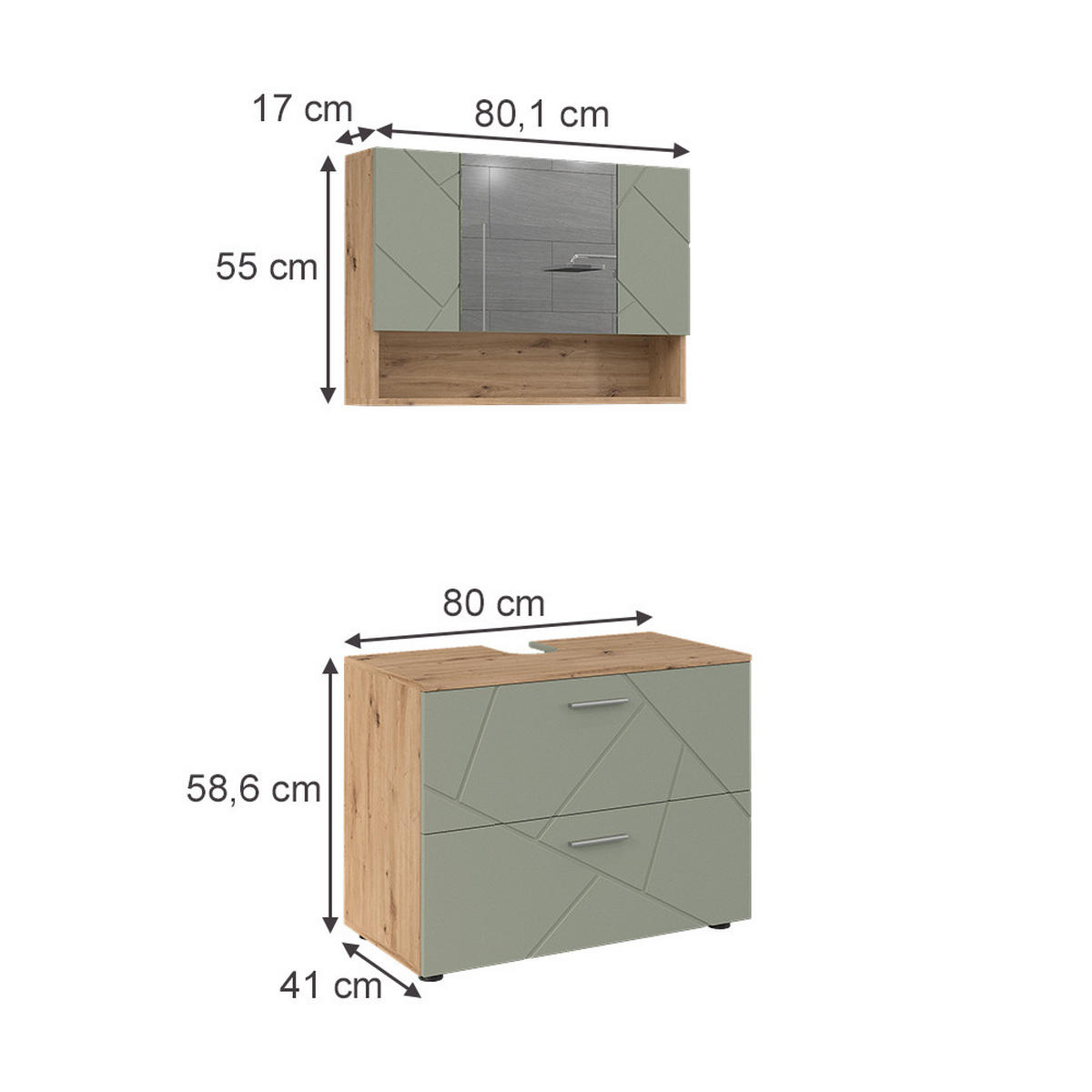 BADMÖBEL-SET Irma Salbeigrün 2 Teile - Salbeigrün, Holzwerkstoff (80/58.6/41cm) - Vicco