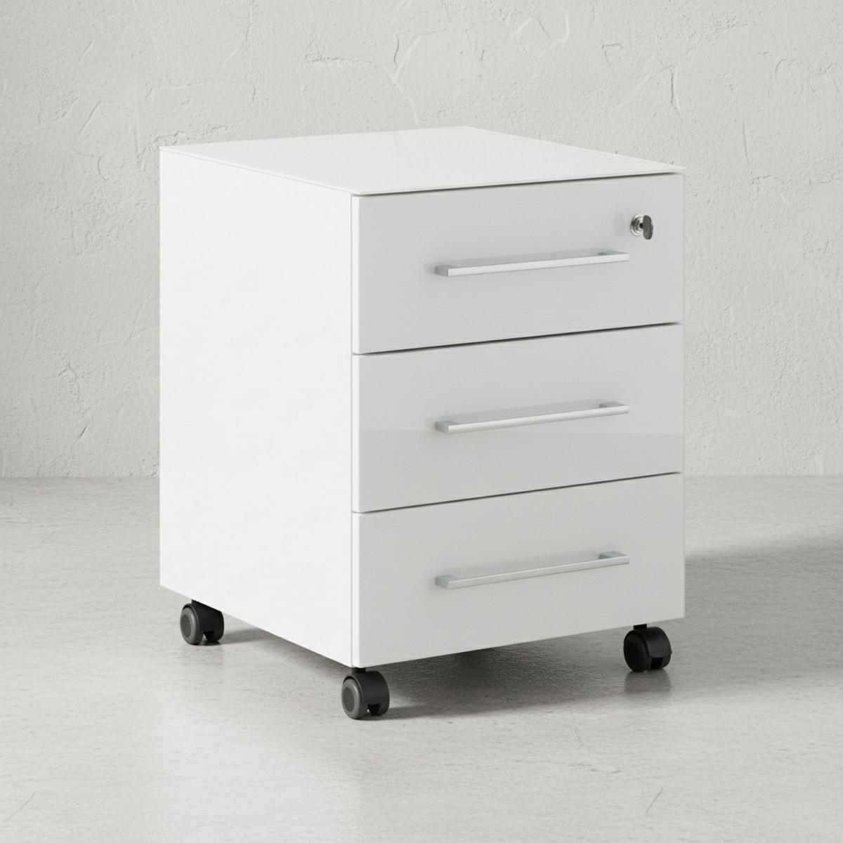 ROLLCONTAINER Glasfront 3 Schubladen Soft-Close & Abschließbar, Serie "Muenchen" Weiß - Weiß, Holzwerkstoff/Metall (40/55/50cm) - KADIMA DESIGN
