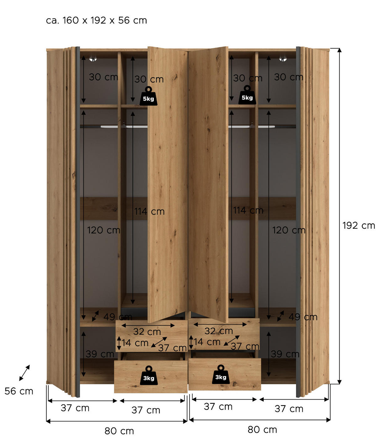 KLEIDERSCHRANK Eiche Artisan, grau 160 x 192 cm 4-türig, Drehtürenschrank mit Schubladen - Anthrazit/Eiche Artisan, Holzwerkstoff (160/192/56cm) - Inn.Furn