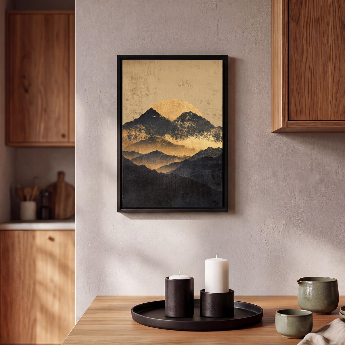 LEINWAND Bilder mit Rahmen - Goldene Berge bei Mondschein - 20x30 - Goldfarben, Textil (20/30cm) - MuchoWow