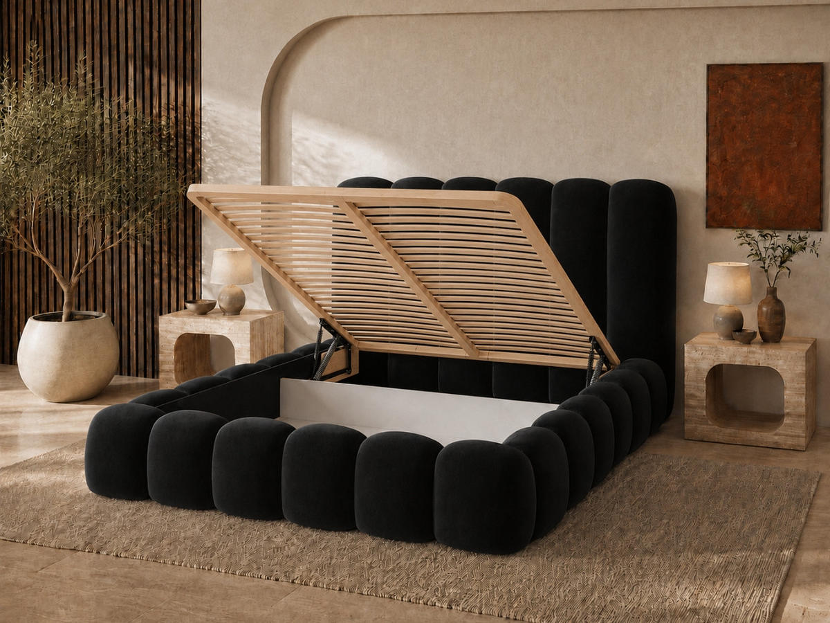 POLSTERBETT MELLOW 140x200 cm in Schwarz, gepolstertes Kopfteil, Lattenrost, Bettkasten, Velvet-Stoff - Schwarz, Holz/Textil (140/200cm) - EMLAR Home