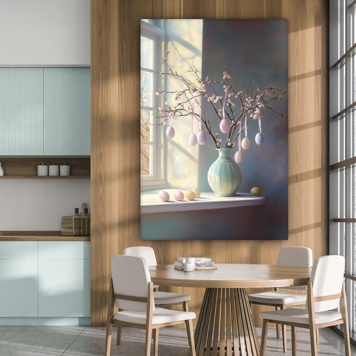 OBRAZ NA PLÁTNĚ Zátiší - Váza - Velikonoční ratolest 90x140 cm - světle modrá, textil (90/140cm) - MuchoWow