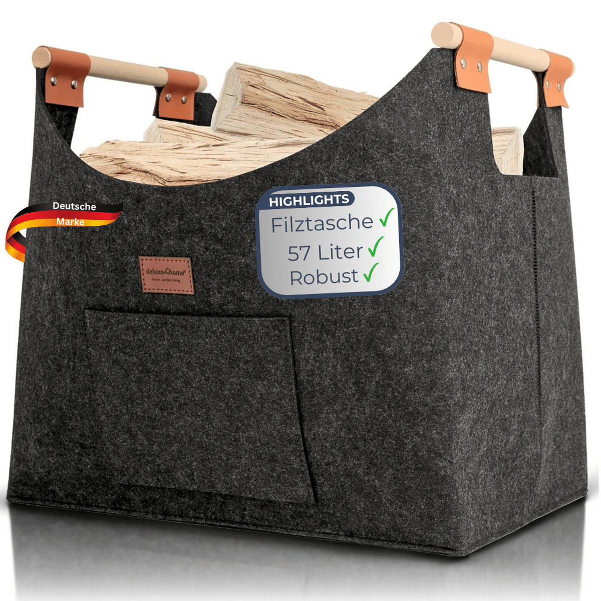 KAMINHOLZKORB Filz Grau MELLA XXL Korb 57L Holzkorb - Grau, Textil (45/40/32cm) - DELUKE