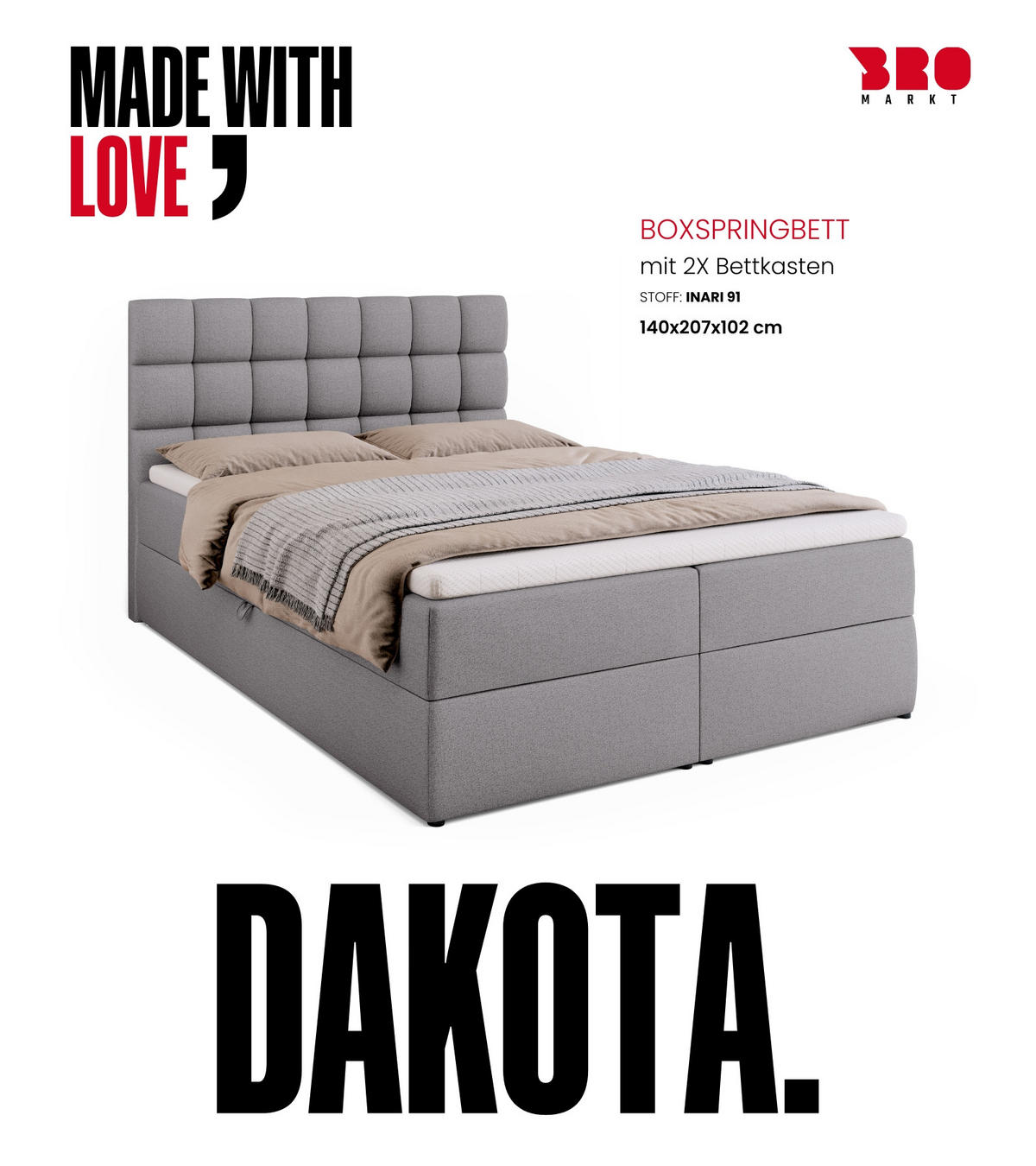 BOXBETT Dakota mit Topper 140/200 Grau - Grau, Textil (140/200cm) - Bromarkt