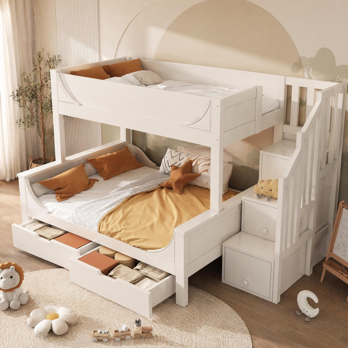 ETAGENBETT 90/200+140/200 mit Leiterschrank und Schubladen in Weiß - Weiß, Holzwerkstoff (140/200cm) - EVRYAE