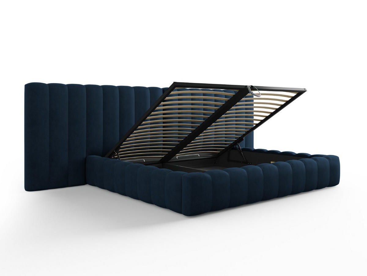 BETT mit Bettkasten und Doppelkopfteil Kelp aus strukturiertem Stoff königsblau 200x200cm - Blau, Textil (200/200cm) - Micadoni