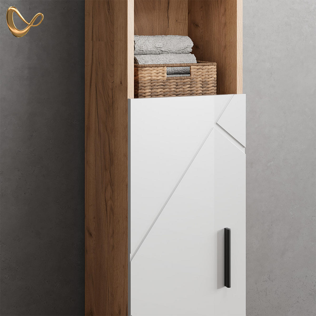 BADSCHRANK Ronco Weiß Hochglanz/Goldkraft Eiche 30 x 192 cm mit Türen, und offenen Fächern - Weiß Hochglanz/Eiche Wotan, Holzwerkstoff (30/192/30cm) - Livinity®