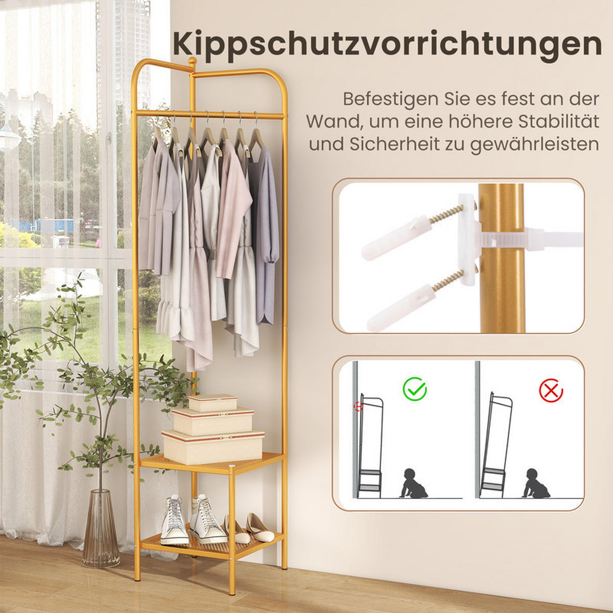 ECK-GARDEROBENSTÄNDER mit oberem Haken golden - Goldfarben, Metall (42.5/193.5/42.5cm) - COSTWAY