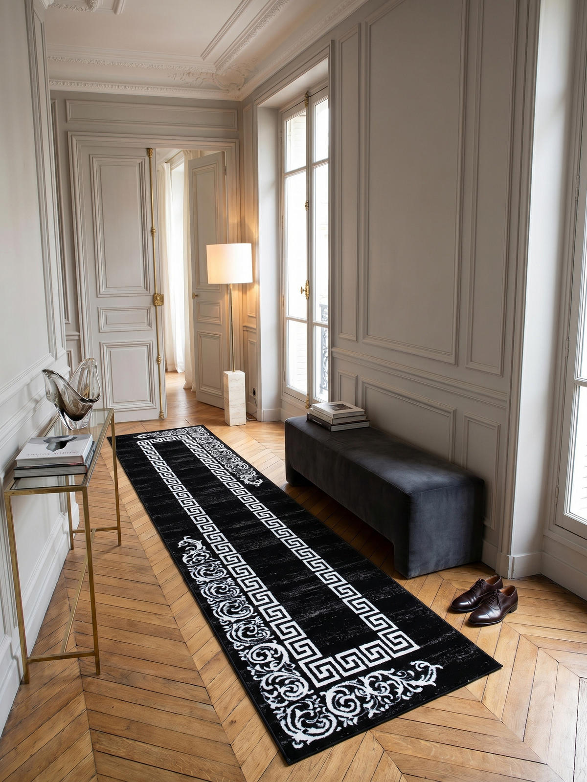 TEPPICH Kurzflor ASPEN in Schwarz, mit Mäander-Muster, 80 x 300 cm - Schwarz, Textil (80/300cm) - KADIMA DESIGN