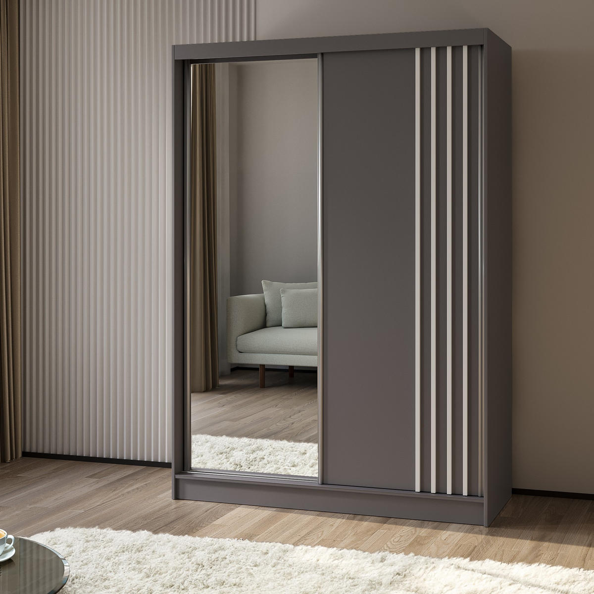 SCHWEBETÜRENSCHRANK NELVIA 150/216/61 cm 2-türig mit Spiegel Grau - Grau, Holzwerkstoff (150/216/61cm) - MASSENO