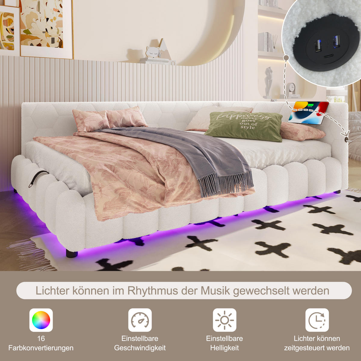 SCHLAFSOFA 90/200 cm in Weiß mit Bettkasten, LED, USB und Type-C - Weiß, Holzwerkstoff/Textil (90/200cm) - WISHDOR