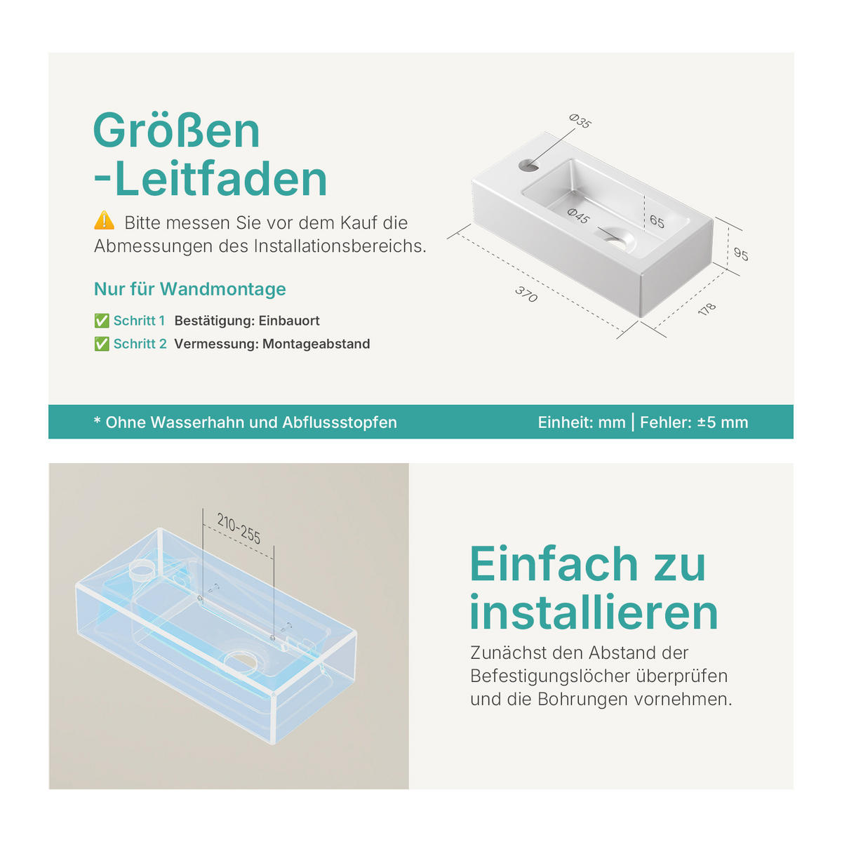 WASCHBECKEN Rechteckig Mit Hahnloch rechts Weiß 36,5 / 18 / 9 cm - Weiß, Keramik (18/9/36.5cm) - EMKE