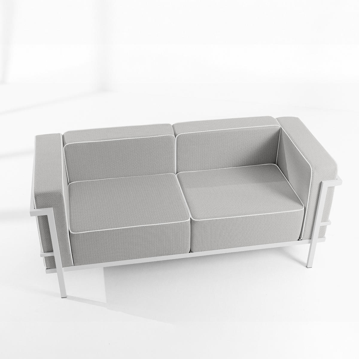 GARTENLOUNGE-SET TRIGLO 4-tlg., 1x Tisch, 2x Sessel, 1x Sofa 2-Sitzer, Modern, Weiß - Dunkelgrau/Weiß, Glas/Textil - KONSIMO®