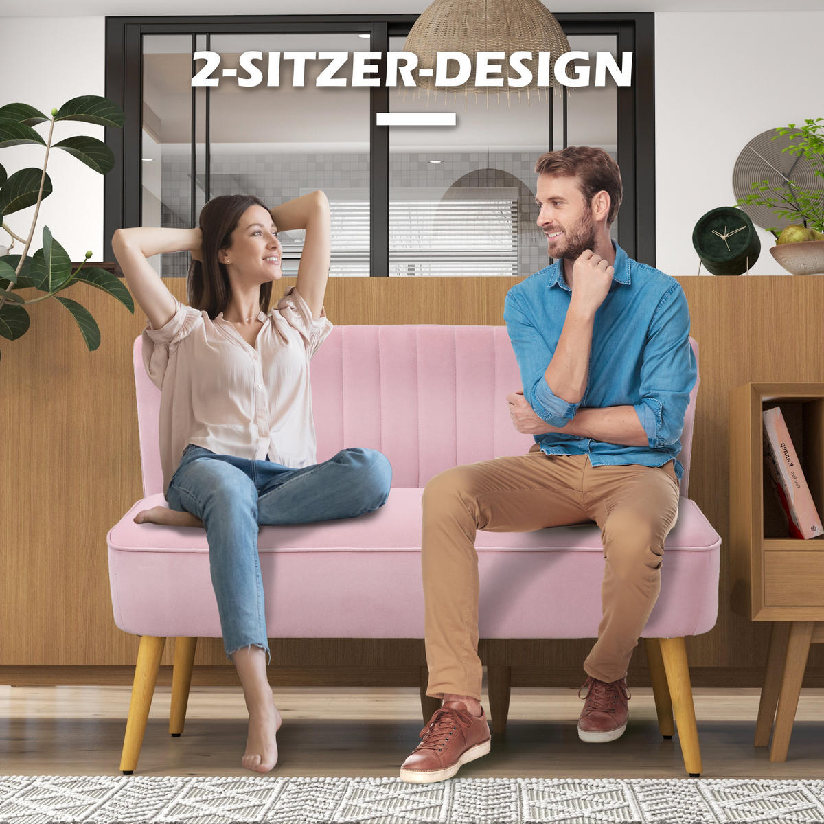 SOFA 2-Sitzer Couch Stoffsofa Sitzmöbel Polstersofa Loungesofa breit Rosa - Rosa/Naturfarben, Holz/Textil (56.5/77/117cm) - HOMCOM