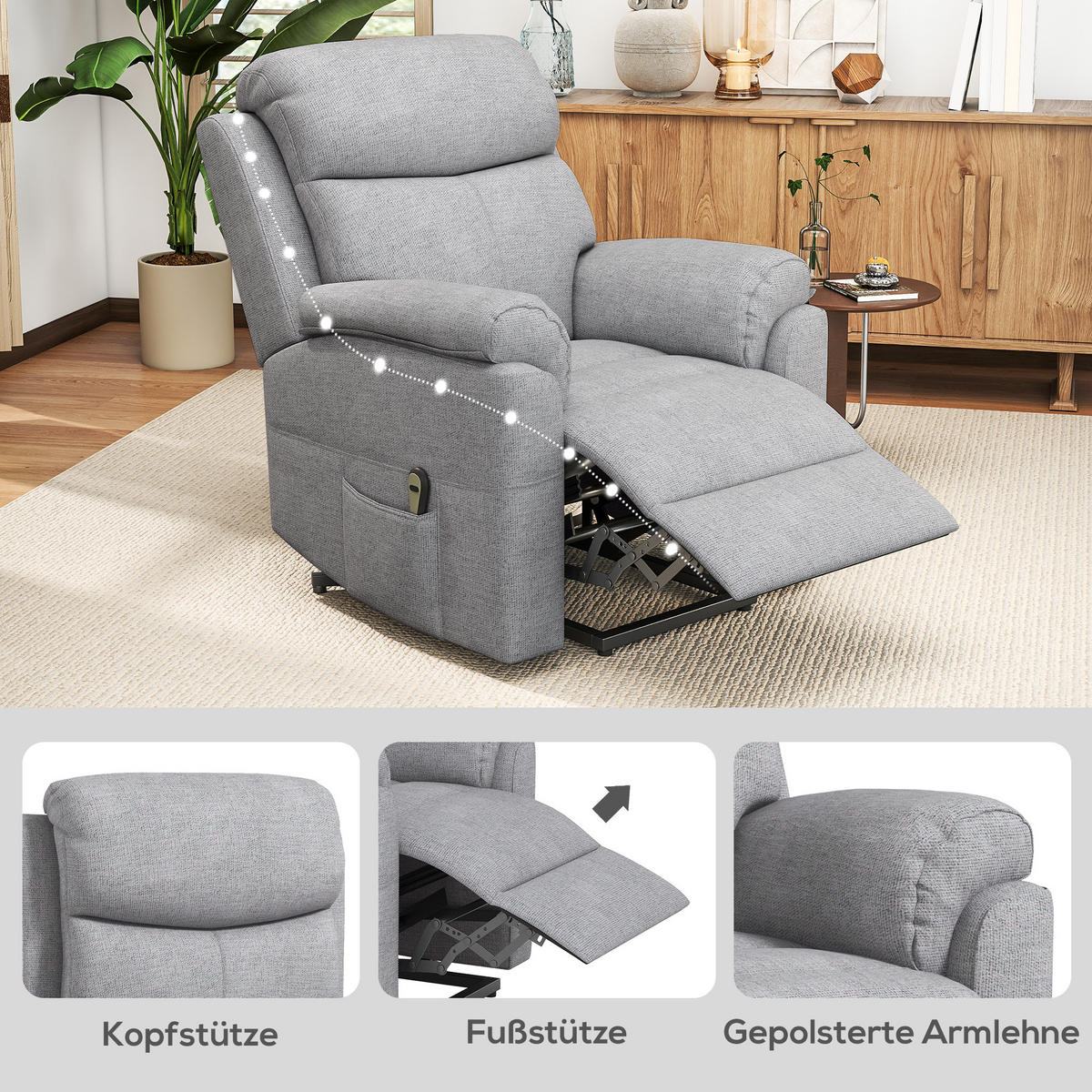 RELAXSESSEL Elektrisch Fernsehsessel mit Aufstehhilfe, 5 Massagemodi, Grau - Grau, Kunststoff (83/102/89cm) - HOMCOM