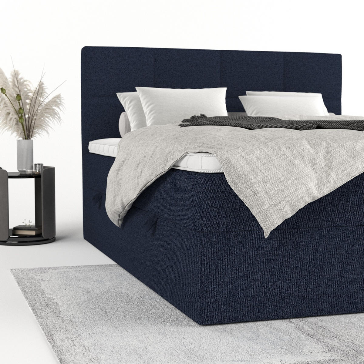 BOXBETT Oris 140/200 cm Marineblau im Riva Stoff - Schwarz/Dunkelblau, Holz/Holzwerkstoff (140/200cm) - AltaBeds