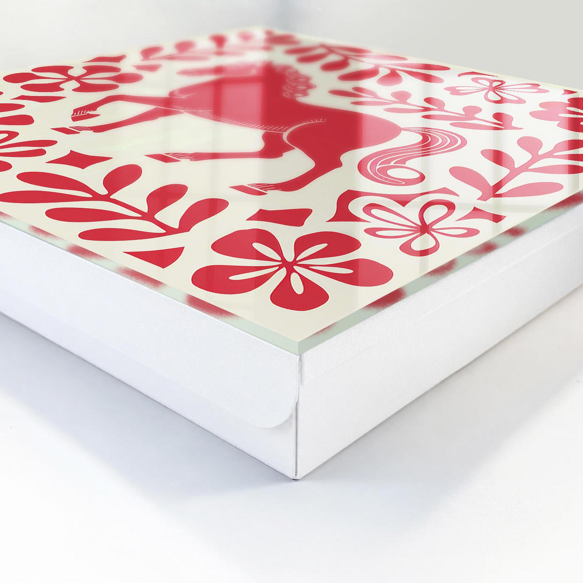 SCHLÜSSELBOX Weiß 30x30 cm – Türöffnung nach rechts - Volksillustration mit Pferdemotiv - Rot, Metall (30/30/5cm) - TULUP