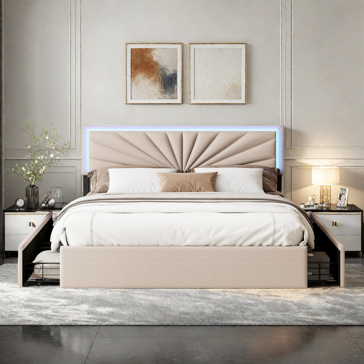 POLSTERBETT 140x200 cm Beige LED höhenverstellbar 4 Schubladen - Beige, Metall (140/200cm) - SHOPENTRA