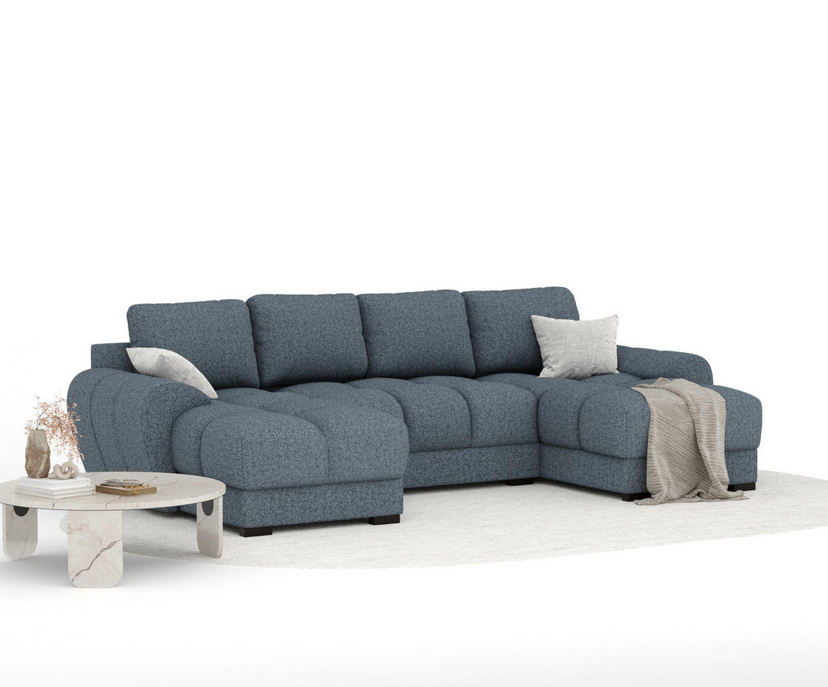 WOHNLANDSCHAFT Peebles Denimblau Webstoff - Schwarz/Dunkelblau, Holz/Holzwerkstoff (330/90/175cm) - Maison de Reve