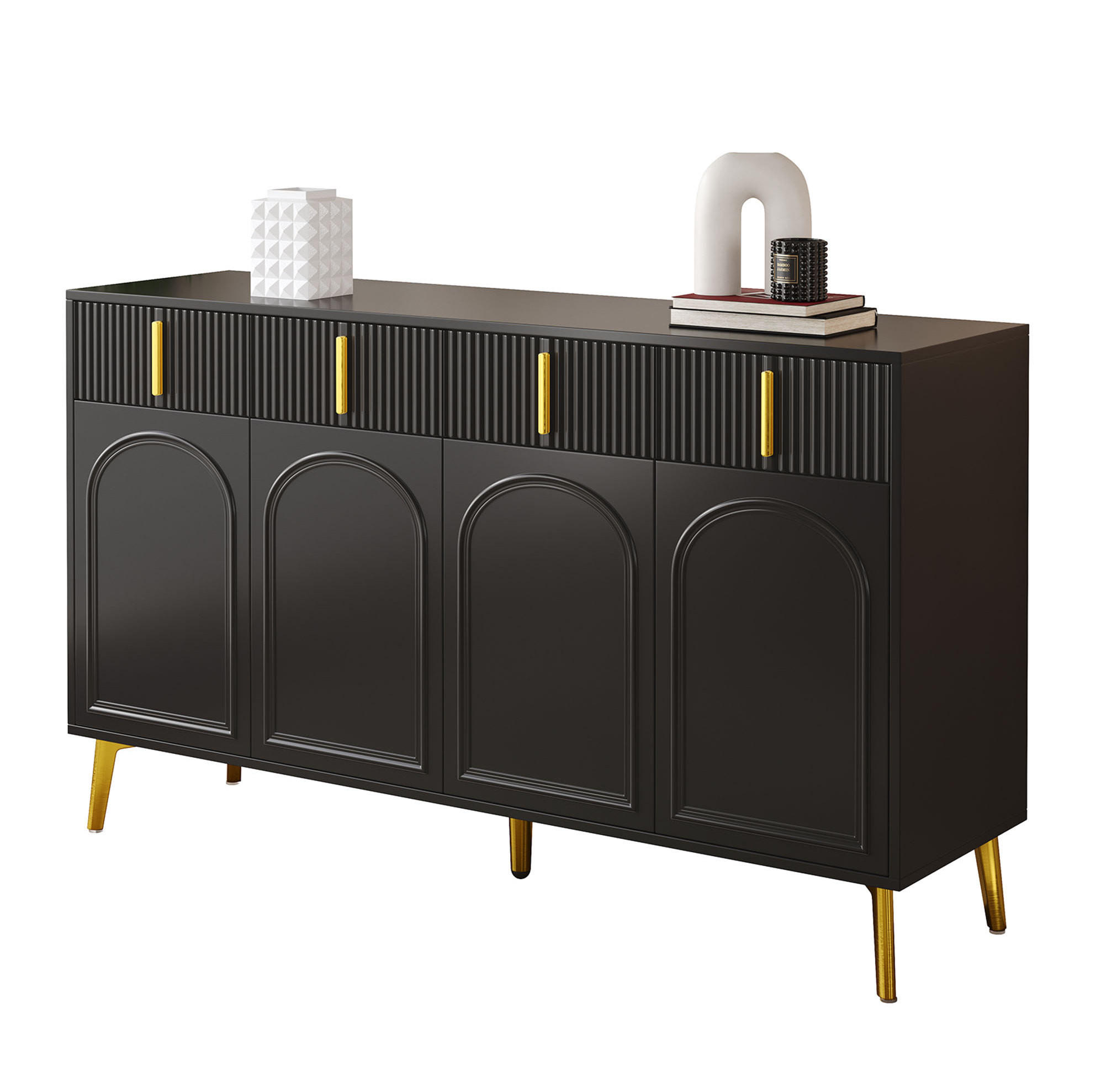 KOMMODE aus MDF 140x38x82cm in Schwarz mit 4 Türen & 4 Schubladen - Schwarz, Holzwerkstoff (140/82/38cm) - Modfu