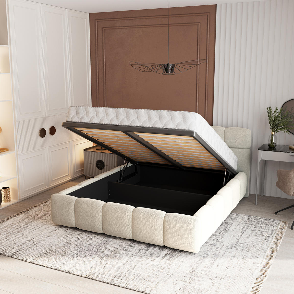 POLSTERBETT FARU SR 180x200 cm mit Bettkästen - Creme - Creme, Holz (180/200cm) - MASSENO