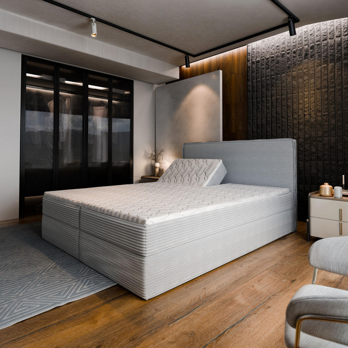 BOXBETT ASTOR 180x200 cm mit Matratze und Topper - Hellgrau - Hellgrau, Holz (180/200cm) - MASSENO