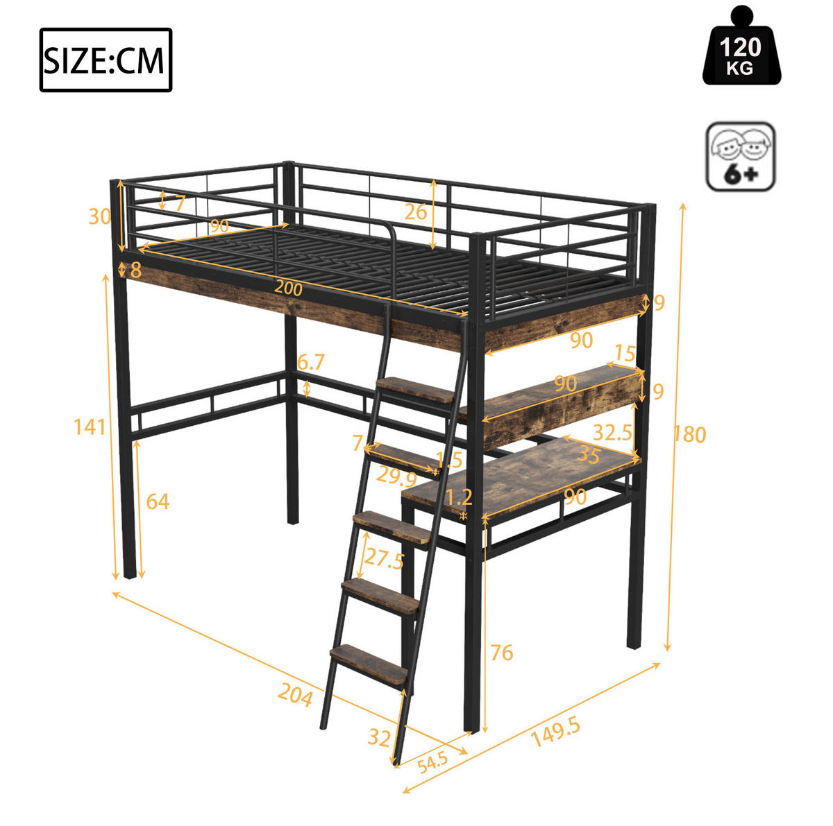 HOCHBETT 90/200 cm aus Metall mit Schreibtisch und Regalen in Schwarz - Schwarz, Metall (90/200cm) - Flora Grace