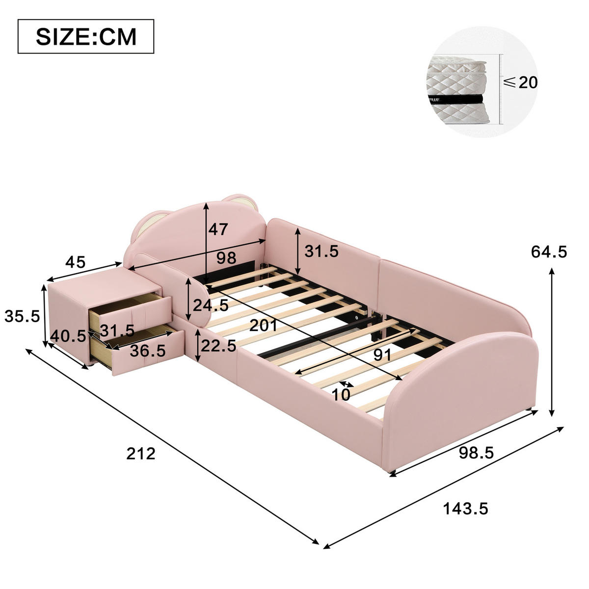 POLSTERBETT Bären-Design 90/200 cm, Rosa mit Nachttisch ohne Matratze - Rosa, Kunststoff (90/200cm) - MIVRAY