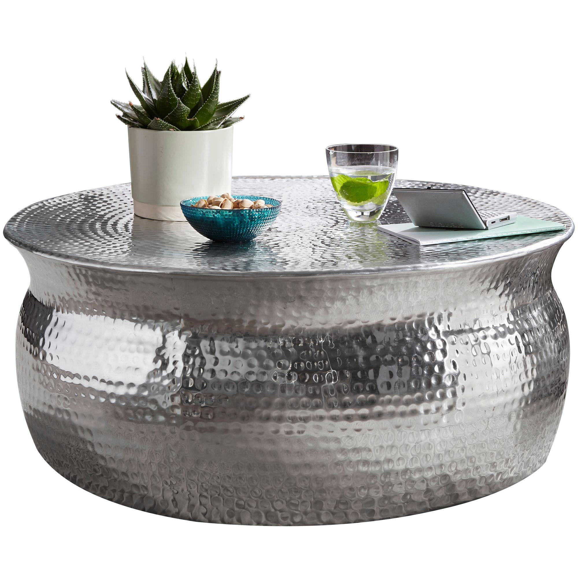 COUCHTISCH Orient Handgefertigt Hammerschlag-Aluminium Großzügige Ablagefläche, Silber 75x75x31 cm - Silberfarben, Metall (75/75/31cm) - KADIMA DESIGN