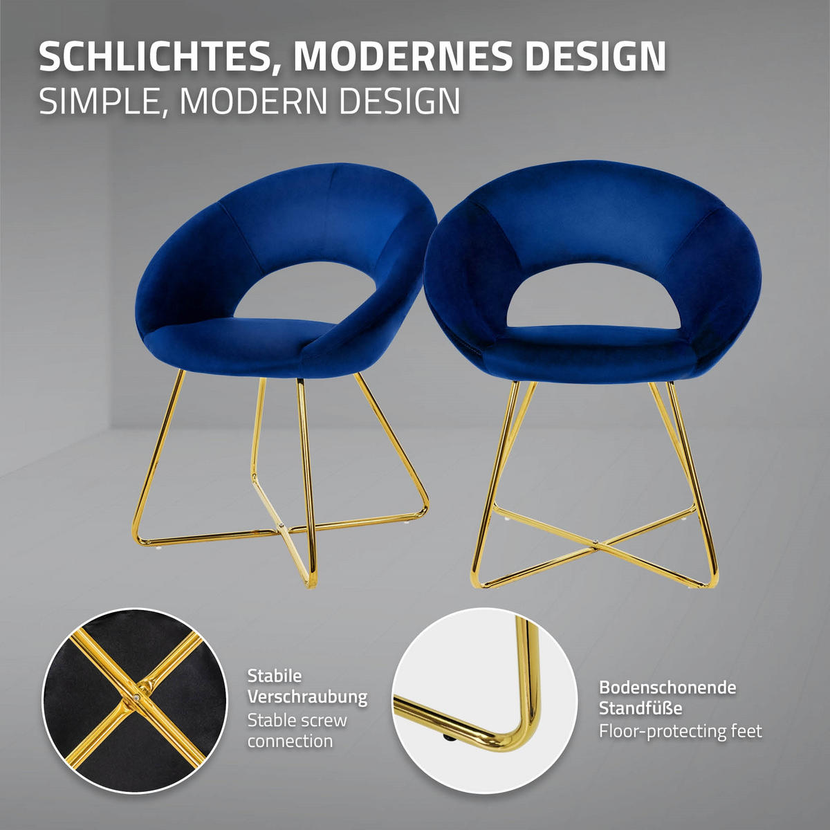JÍDELNÍ ŽIDLE, sada 4 ks, modrý samet - modrá/zlatá, kov (53/77/64cm) - ML-DESIGN