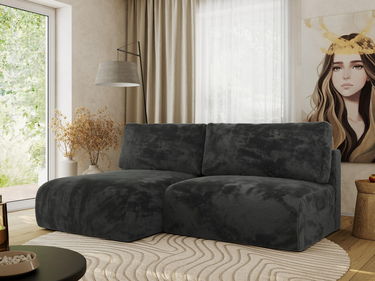 ECKSCHLAFSOFA VIVO L Dunkelgrau Plüsch - links - Dunkelgrau/Schwarz, Kunststoff/Textil (223/150cm) - MKS