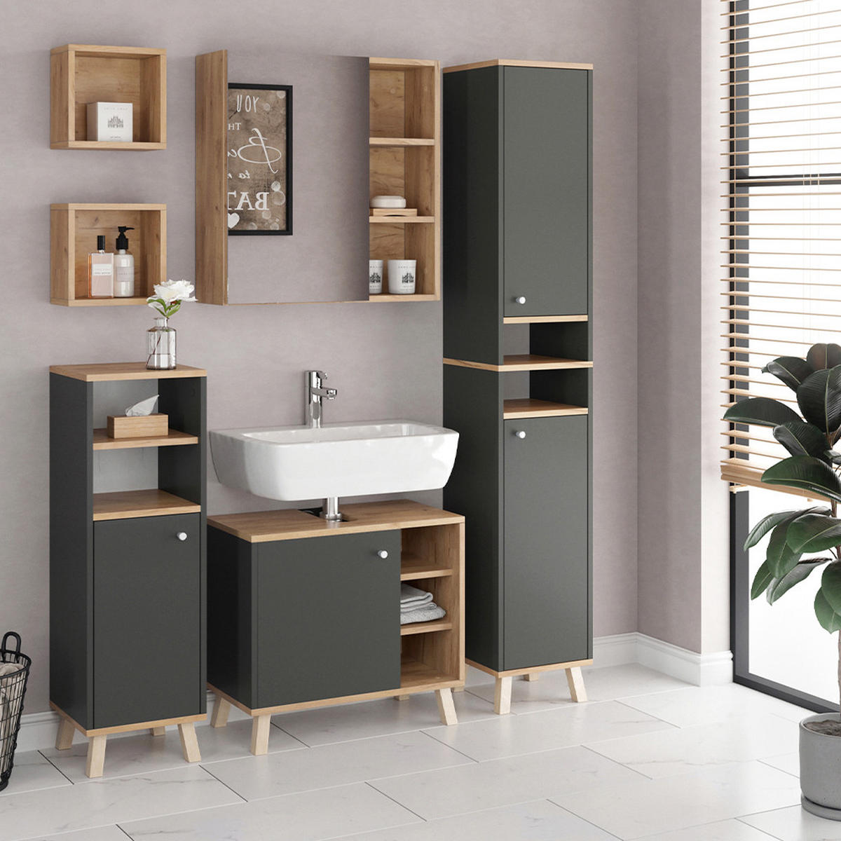 BADSCHRANK Senyo Anthrazit 30 x 174 cm - Anthrazit, Holzwerkstoff (30/174/30cm) - Vicco