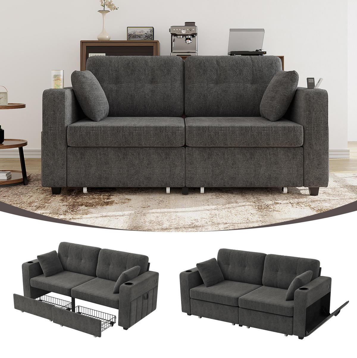 2-SITZER aus Chenille 172x75x82 cm in Grau mit USB-Anschlüssen & Stauraum - Grau, Textil (75/82/172cm) - Modfu