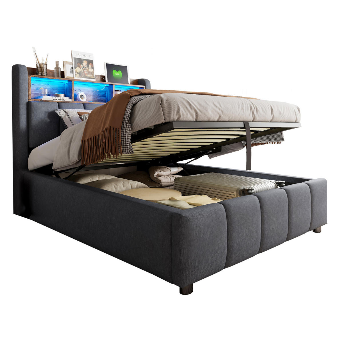 POLSTERBETT 90/200 cm Grau mit LED-Beleuchtung und USB- und Type-C-Anschlüssen - Grau, Textil (90/200cm) - Flora Grace