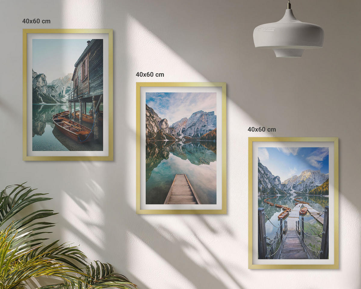 BILDER SET 3er Set - 40x60 cm Goldrahmen - See Berge Holzboote - Goldfarben, Kunststoff (40/60cm) - TULUP