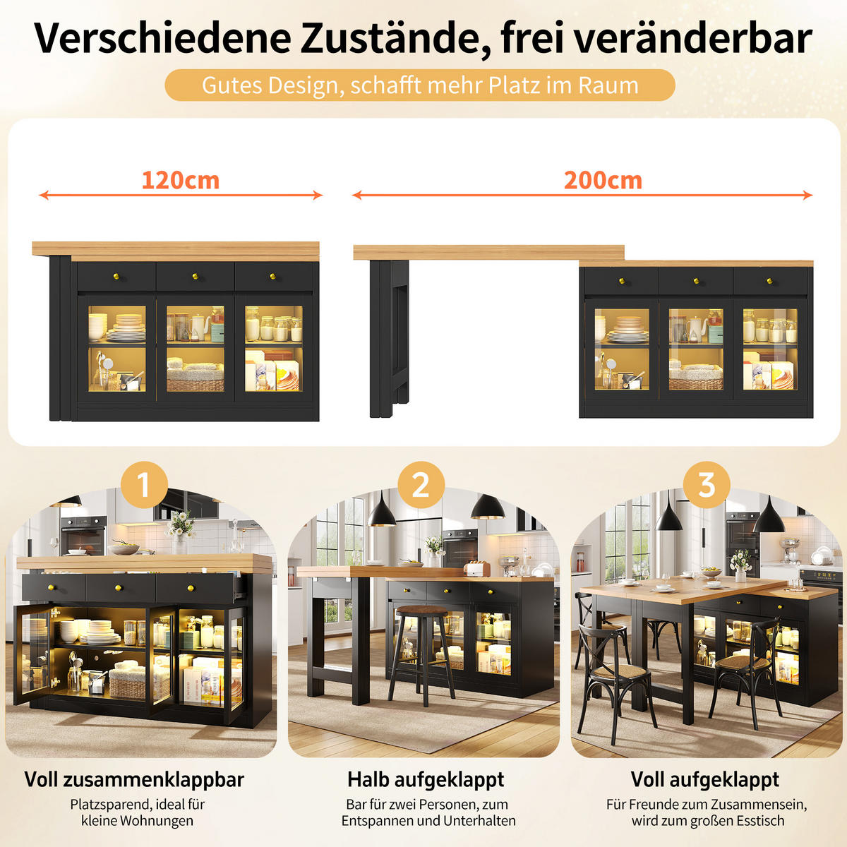 KÜCHENINSEL Ausziehbar LED Glastüren 3 Schubladen - Schwarz, Holzwerkstoff (40/120/75.5cm) - FLIEKS