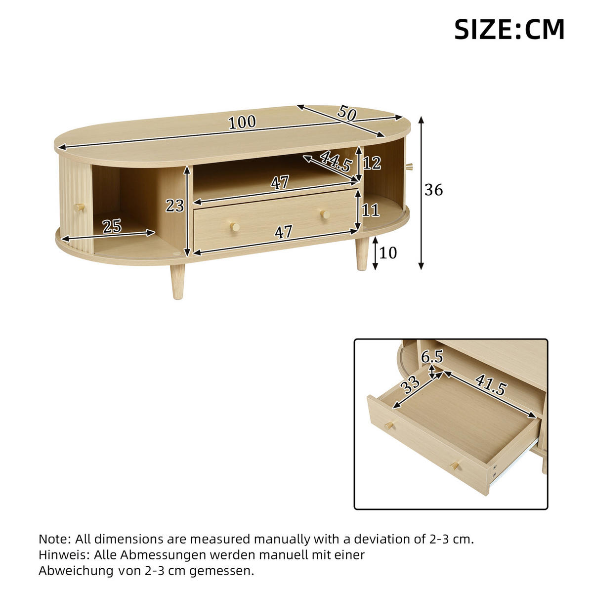 COUCHTISCH aus MDF 100x50x36 cm Eiche mit Schublade, Rolltüren und Ablage - Eichefarben, Holzwerkstoff (100/50/36cm) - IVMEU