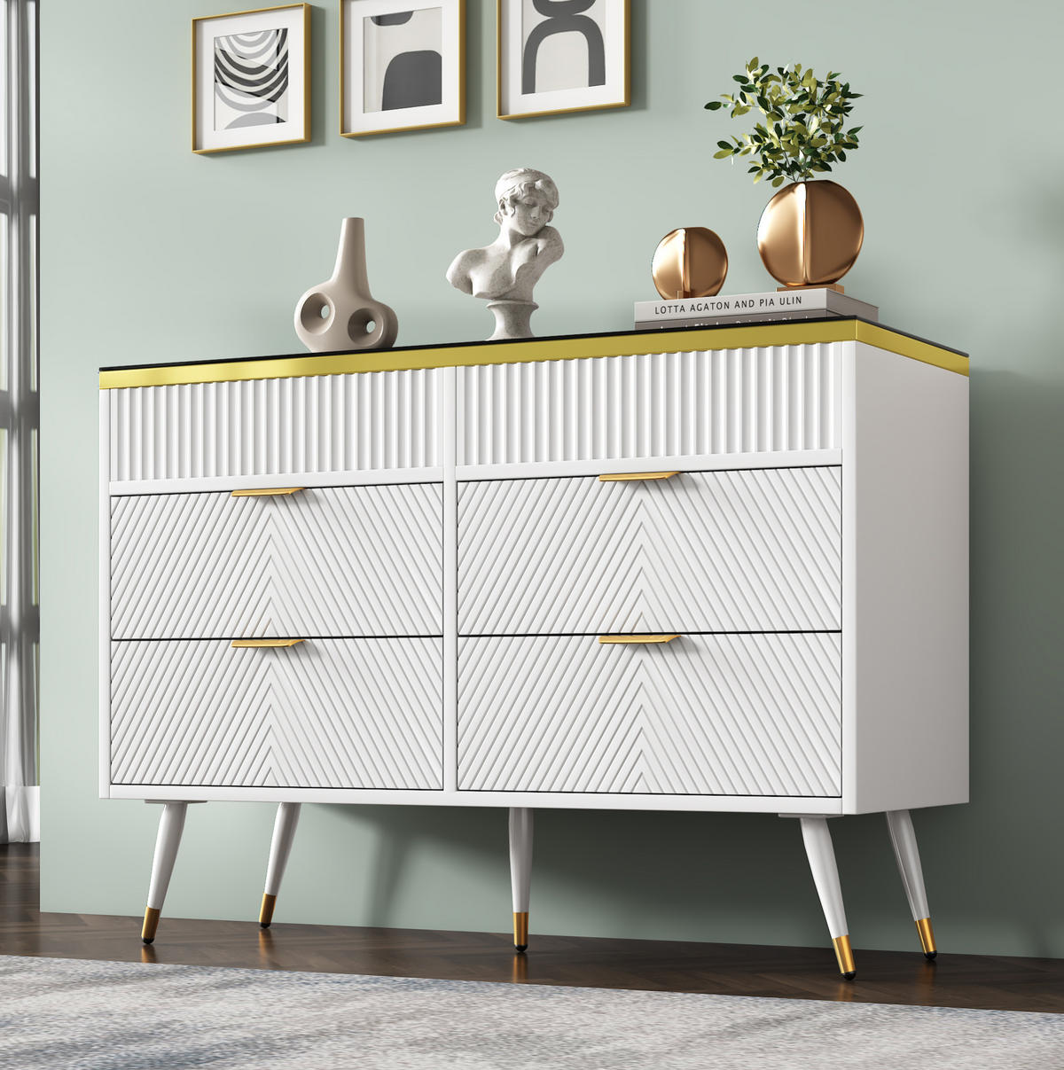KOMMODE 120/40/76 cm mit 6 Schubladen und Metallfüßen - Weiß, Glas (120/76/40cm) - BEAOK