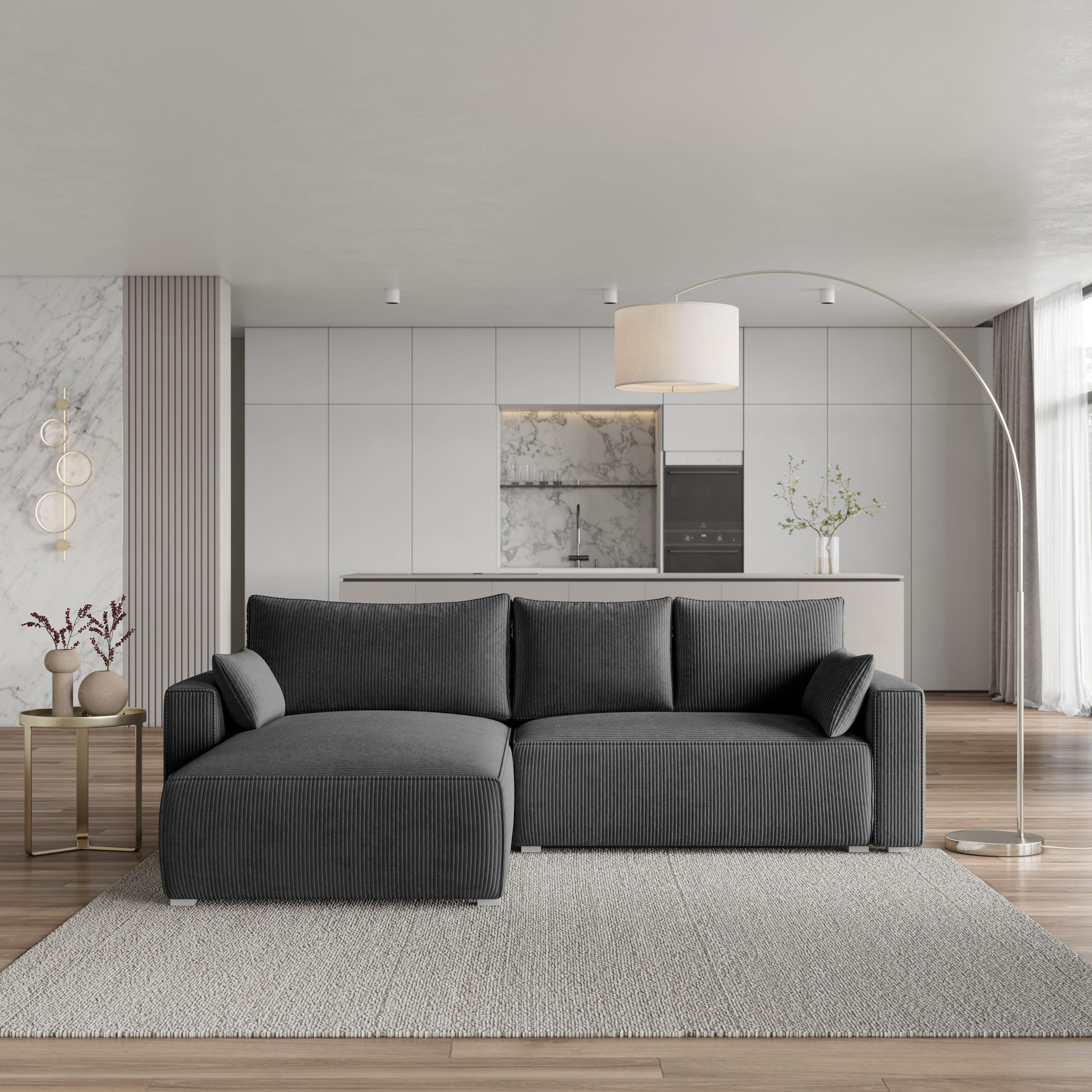 ECKSOFA FORIL P Graphitfarben Kordstoff mit Schlaffunktion - Graphitfarben, Holz (265/178cm) - MASSENO