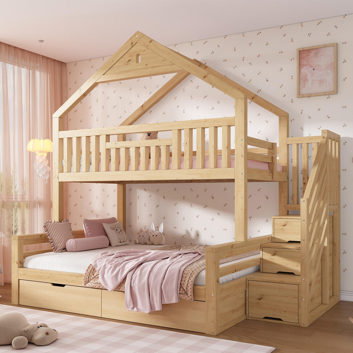 ETAGENBETT 90/140/200 cm mit Treppe und Schubladen, DE-41559, in Eichefarben - Eichefarben, Holzwerkstoff (140/200cm) - ComfortXL