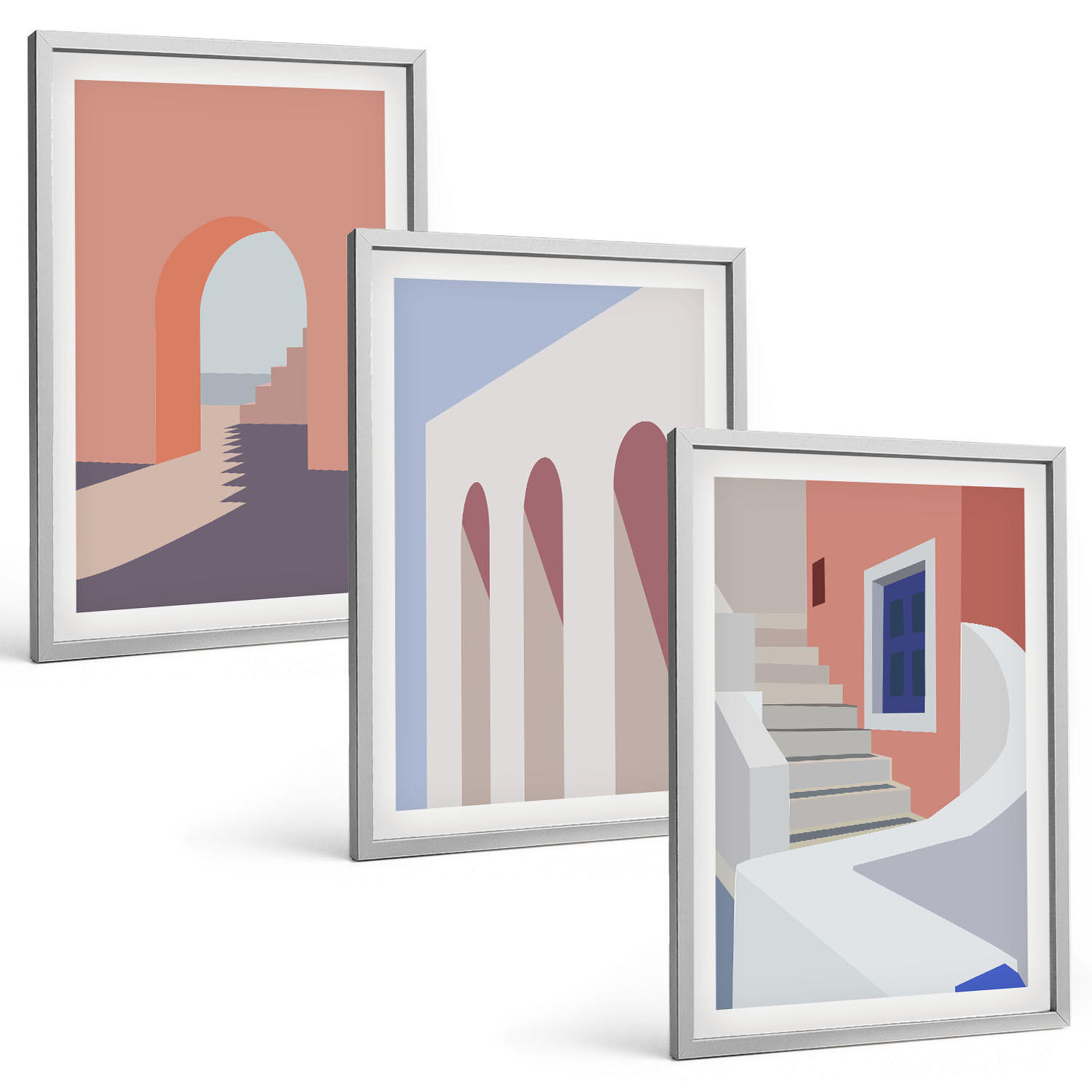 BILDER SET 3er Set - 40x60 cm Silberner Rahmen - Minimalistische Architekturillustrationen - Silberfarben, Kunststoff (40/60cm) - TULUP