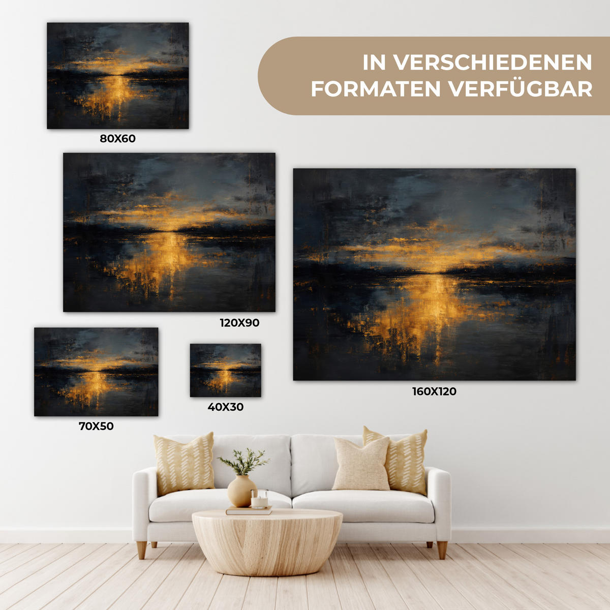 LEINWANDBILD Goldene Reflexion auf dem Wasser Wandbild 40x30 cm - Anthrazit, Textil (40/30cm) - MuchoWow