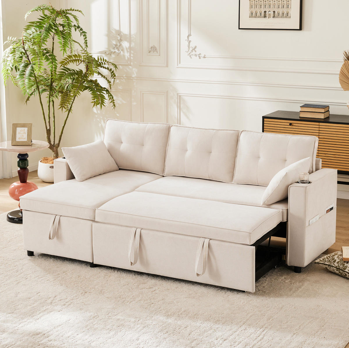 SCHLAFSOFA aus Baumwoll-Leinen mit Stauraum & Getränkehaltern, 211/130/86 cm, Beige - Beige, Textil (130/86/211cm) - Redom