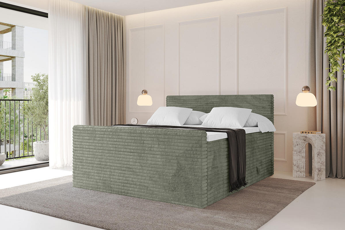 BOXSPRINGBETT mit Matratze H3|H4 und Lattenrost - TOLO-Z KING-v1 200x200 Cord - Olive - Olivgrün, Holzwerkstoff (200/200cm)